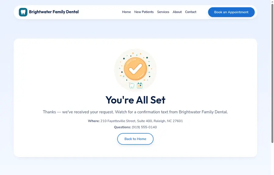 Thank-you page patients see after submitting a request form