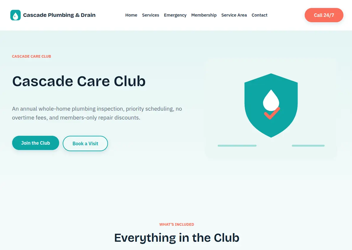 Care Club membership page listing the plan benefits, with Join the Club and Book a Visit buttons
